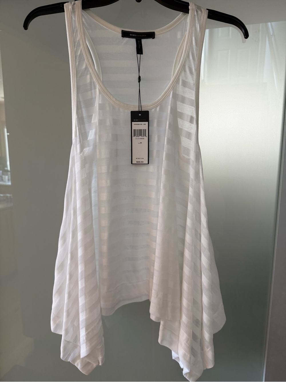 BCBGMaxAzria White Sheer Stripe Handkerchief-Hem Tank